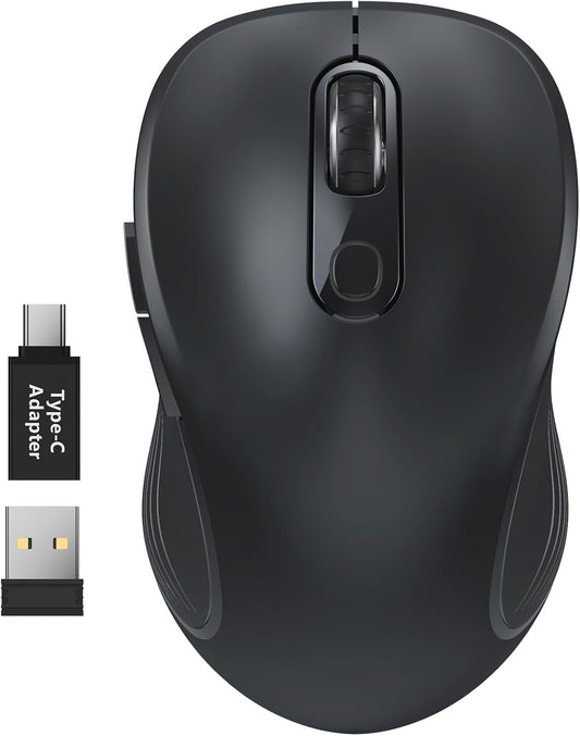 WisFox 2.4G Wireless Mouse for Laptop, Ergonomic Computer Mouse with USB Receiver and Type-C Adapter, 3 Adjustable Levels, 6 Button Cordless Wireless Mice for Windows Mac PC Notebook (Black)