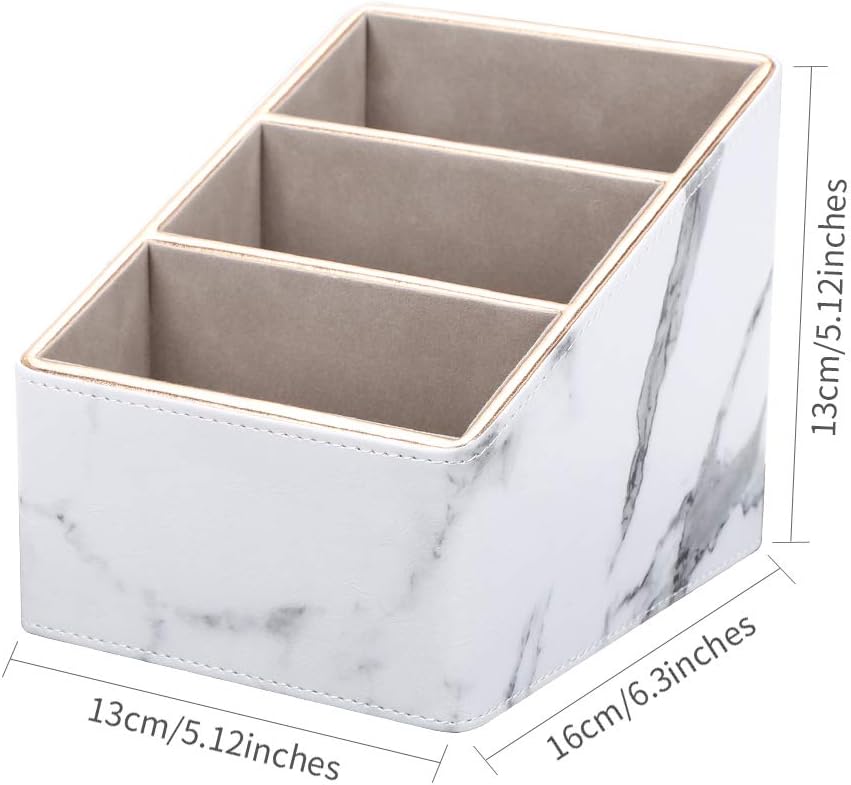 KINGFOM Remote Control Holder with 3 Compartments, Pu Leather Remote Caddy Desktop Organizer for TV, CD, Blu-Ray, Media Player, Heater Controllers and Cosmetics Office Supplies (White Marble)