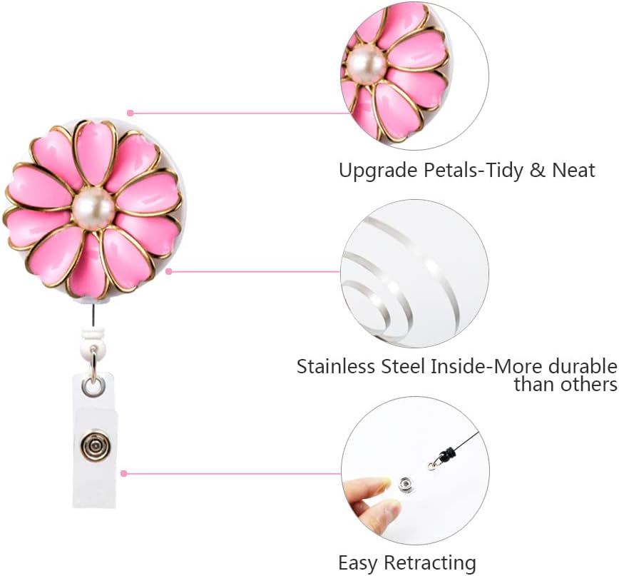 Retractable Badge Holder, ID Badge Reel with Pearl, 3 Pack (Pink)