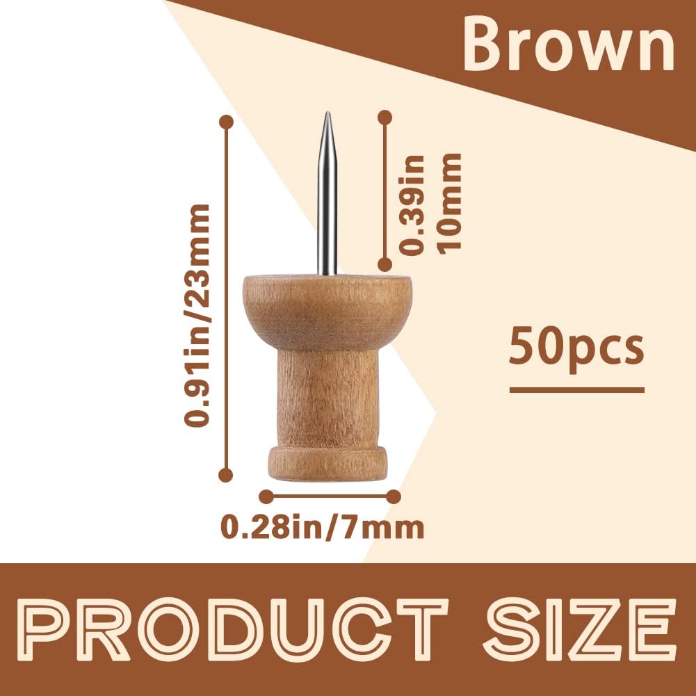 50 Pcs Wooden Push Pins, Decorative Thumb Tacks, Push Pins for Cork Board Head Pin Wood Map Tacks Marking Pin, Wood Thumb Tacks Decorative for Bulletin Boards Craft Projects with Storage Box, Coffee