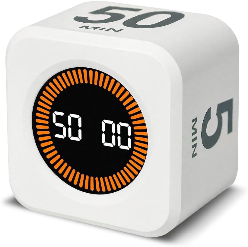 Visual Rotating Timer with 5, 10, 25 50 Minutes Preset, Desk Cube Count Down/up Timer, Rechargeable Custom-time Mute/Sound, Ideal for ADHD Work Learning Kitchen, White