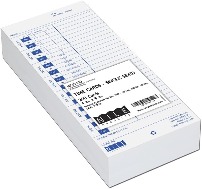 Nile Products - 200 Authorized Single Sided Time Cards for Pyramid Manual Side Print Timeclock and Document Stamp [ NP35100-PK2], Pyramid 35100-10 Compatible (4 W x 9 H Inches) - 200 Time Cards