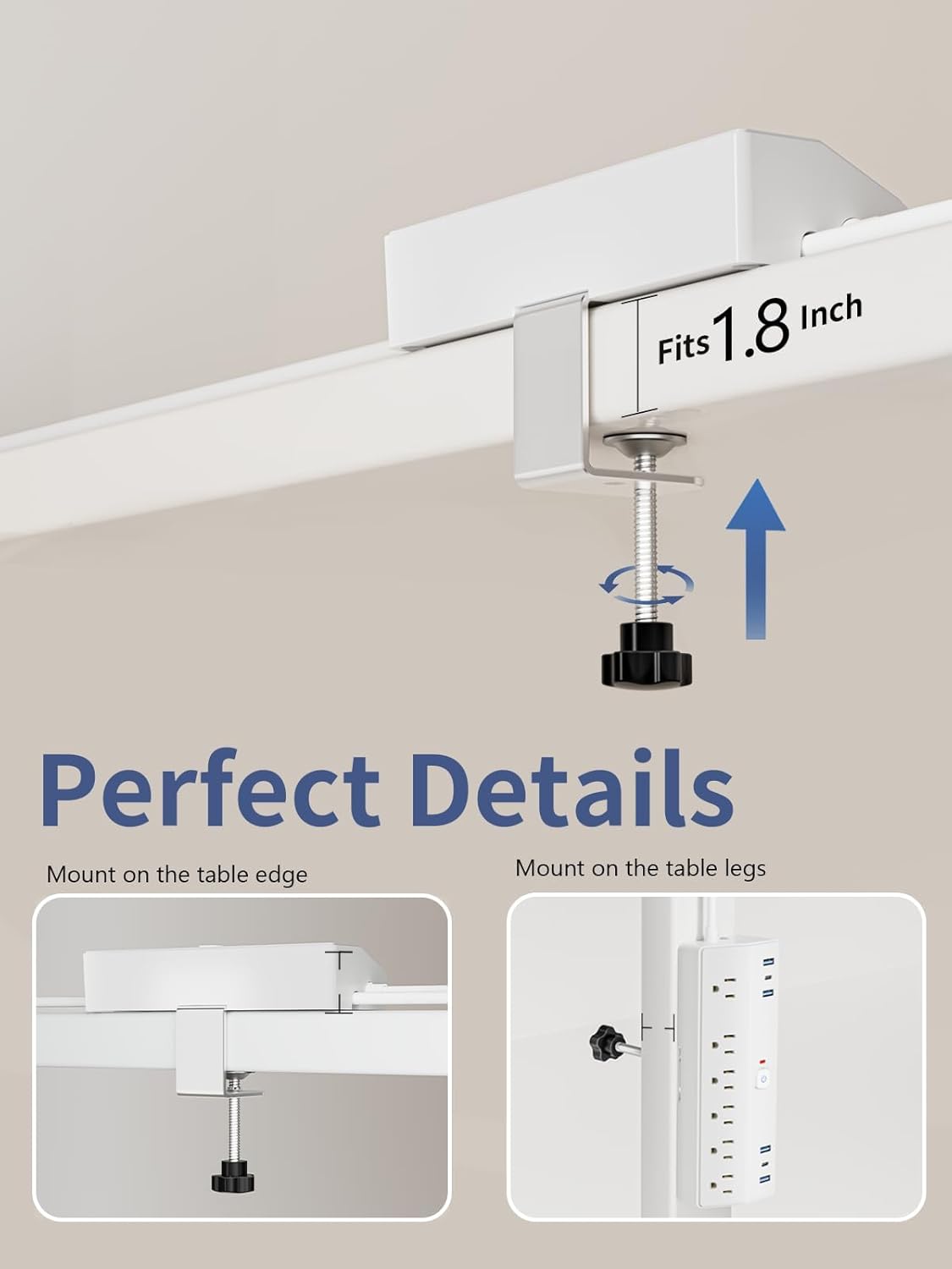 Desk Clamp Power Strip, 40W Fast Charging Station, Desktop Mount Surge Protect with 6 Outlets 6USB Ports (2USB C), Removable Power Strip Fits 1.8" Tabletop Edge, 10Ft Extension Cord for Home Office