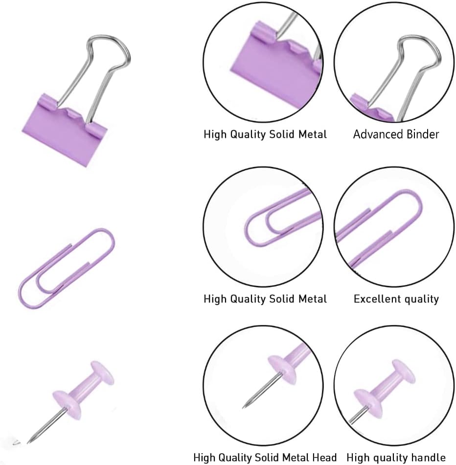 Purple Binder Clips and Paper Clips Push Pins Tacks Sets, Total 72 PCS Assorted Sizes Office Supplies Set for Women, Student, School, Home & Desk Supplies
