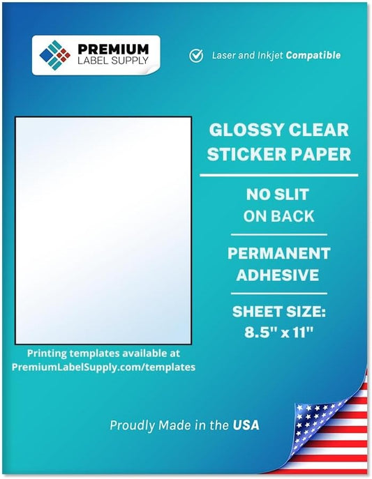 Premium Label Supply Glossy Clear Sticker Paper – 8.5" x 11" Full Sheet Labels – Laser/Inkjet Compatible – 25 Sheets