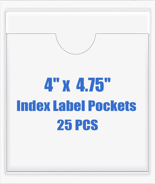 Origin-Joy 25 PCS Self-Adhesive Index Label Pockets, Clear Plastic Peel & Stick Card Holders with Top Open for Loading (4 x 4.75 inch)