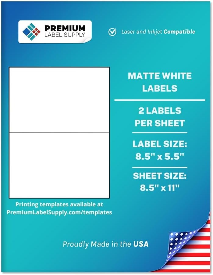 Premium Label Supply White Sticker Half Sheet Labels – 8.5" x 5.5" – Laser/Inkjet Compatible – (2 per Sheet), 100 Sheets - 200 Total Adhesive Labels