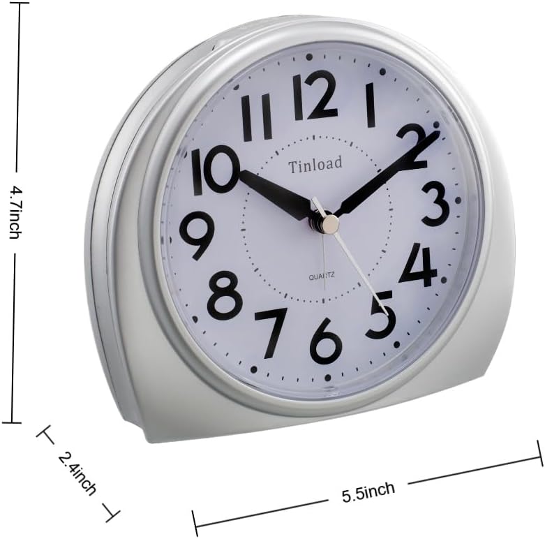 5.5" Large Analog Alarm Clock Silent Non Ticking, Gentle Wake, Beep Sounds, Increasing Volume, Battery Operated Snooze and Manual Light, Easy Set,Silver(Best for Elder)