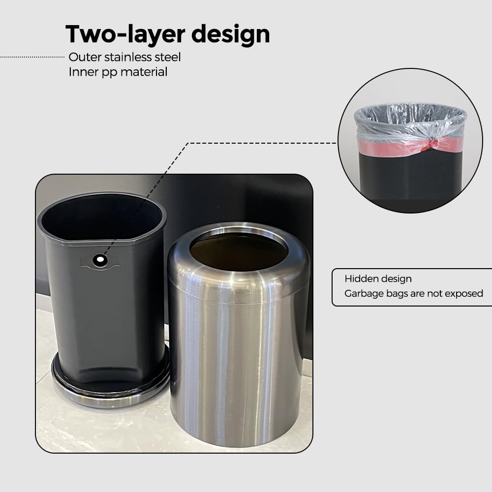 10L/2.6Gal Brushed Stainless Steel Trash can,Open Top Wastebasket Bin,Garbage Can for Bathroom,Living Room,Office,Kitchen,Bedroom,Hotel (Black Gold)