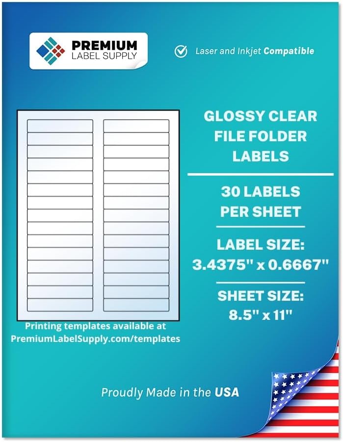 Premium Label Supply Glossy Clear File Folder Labels – 3.4375" x 0.6667" – Laser/Inkjet Compatible – (30 per Sheet) – 30,000 Total Adhesive Labels