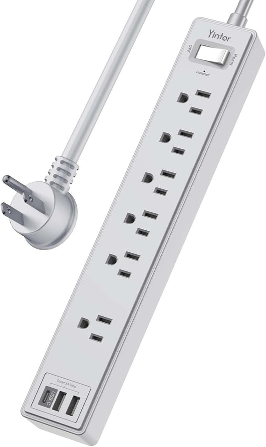 6Ft Power Strip Surge Protector - Yintar Extension Cord with 6 AC Outlets and 3 USB Ports for Home, Office, Dorm Essentials, 1680 Joules, ETL Listed, Grey