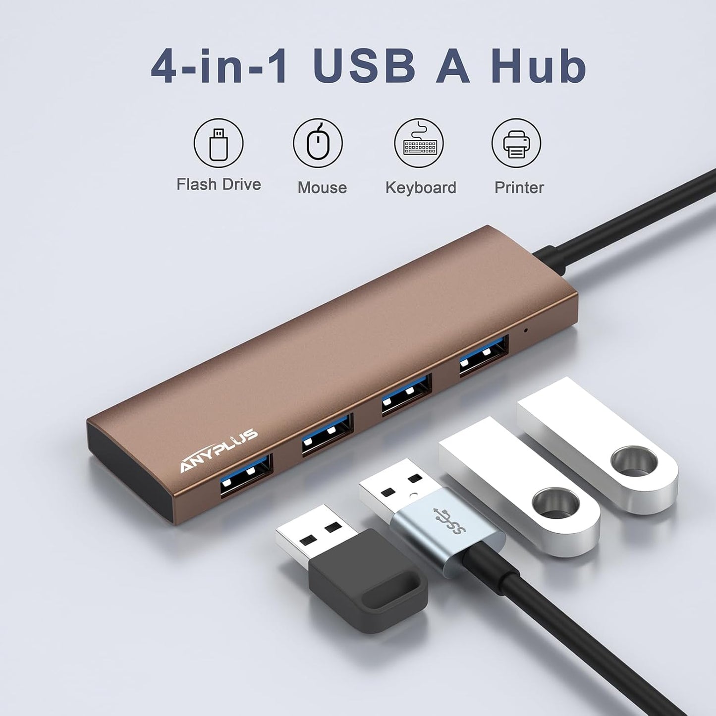 USB Hub, USB 3.0 Hub Aluminum Alloy Ultra Slim USB Splitter, Portable 4 Port USB Extender, USB Hub for Laptop, PC, MacBook, iMac, Surface Pro, Mac Pro, Flash Drive, XPS【Brown】
