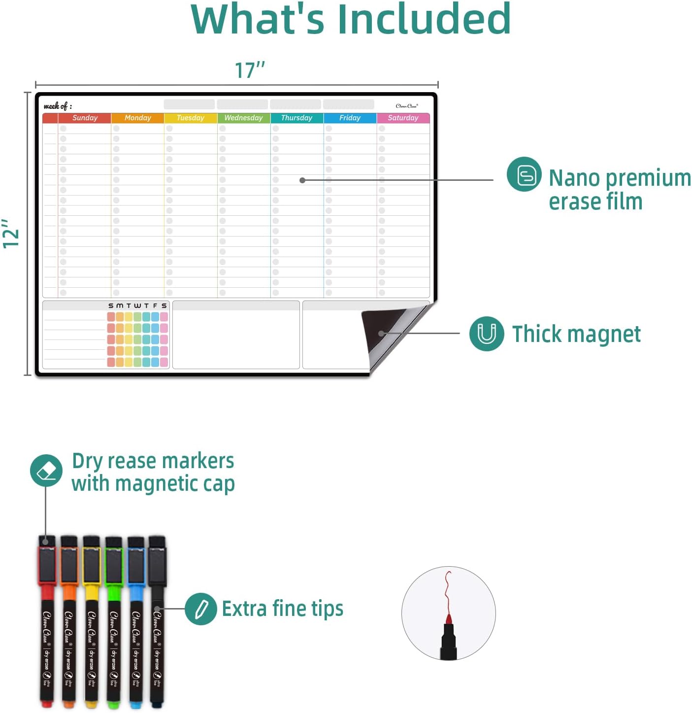 Magnetic Dry Erase Weekly Calendar for Fridge - Large 17"x12" Magnetic Weekly Planning Board with Hourly Time Slots - 6 Extra Fine Point Markers Included