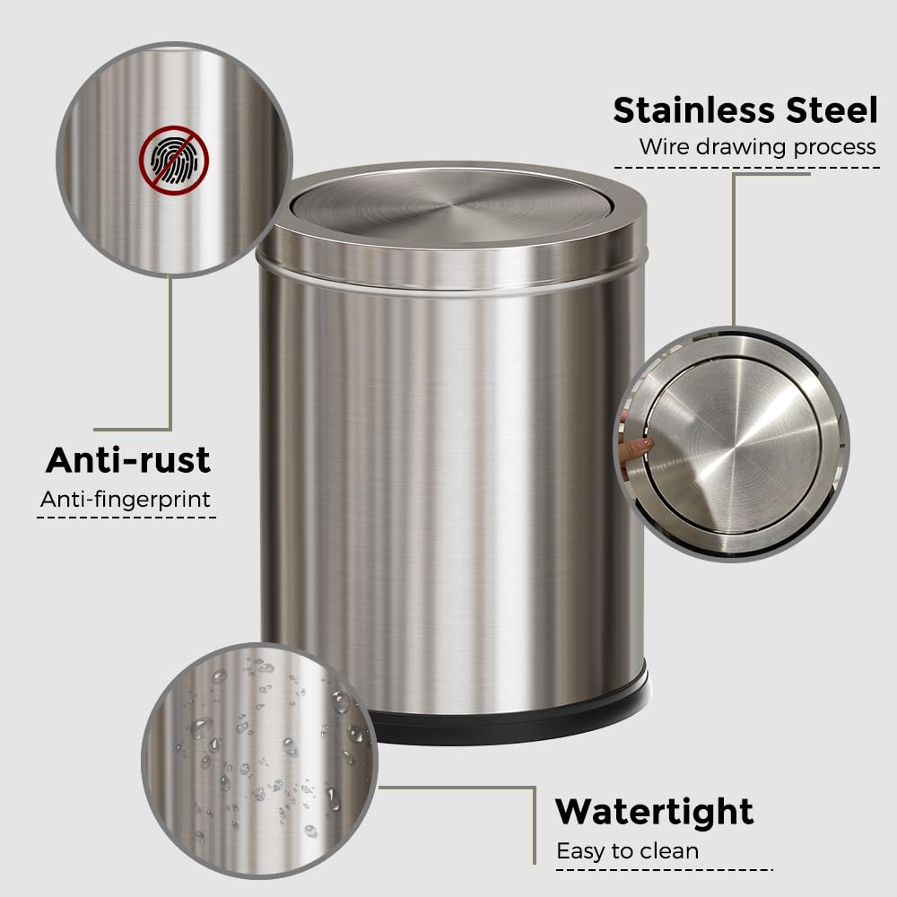 15L/4GAL Silver Stainless Steel Bathroom Garbage can, Bathroom Trash Can with Flipping Lid，Brushed Nickel Gaebage Can for Bedroom,Living Room,Office,Hotel,Shop,Restaurant (15L-Silver)
