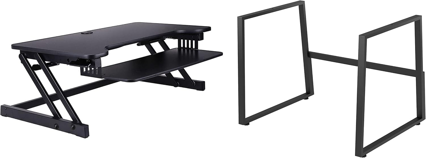 Rocelco 37.5" Height Adjustable Standing Desk Converter with Floor Stand Bundle - Slide Out Retractable Keyboard Tray - Sit Stand Up Dual Monitor Riser - Computer Workstation - Black (R DADRB-STFS)