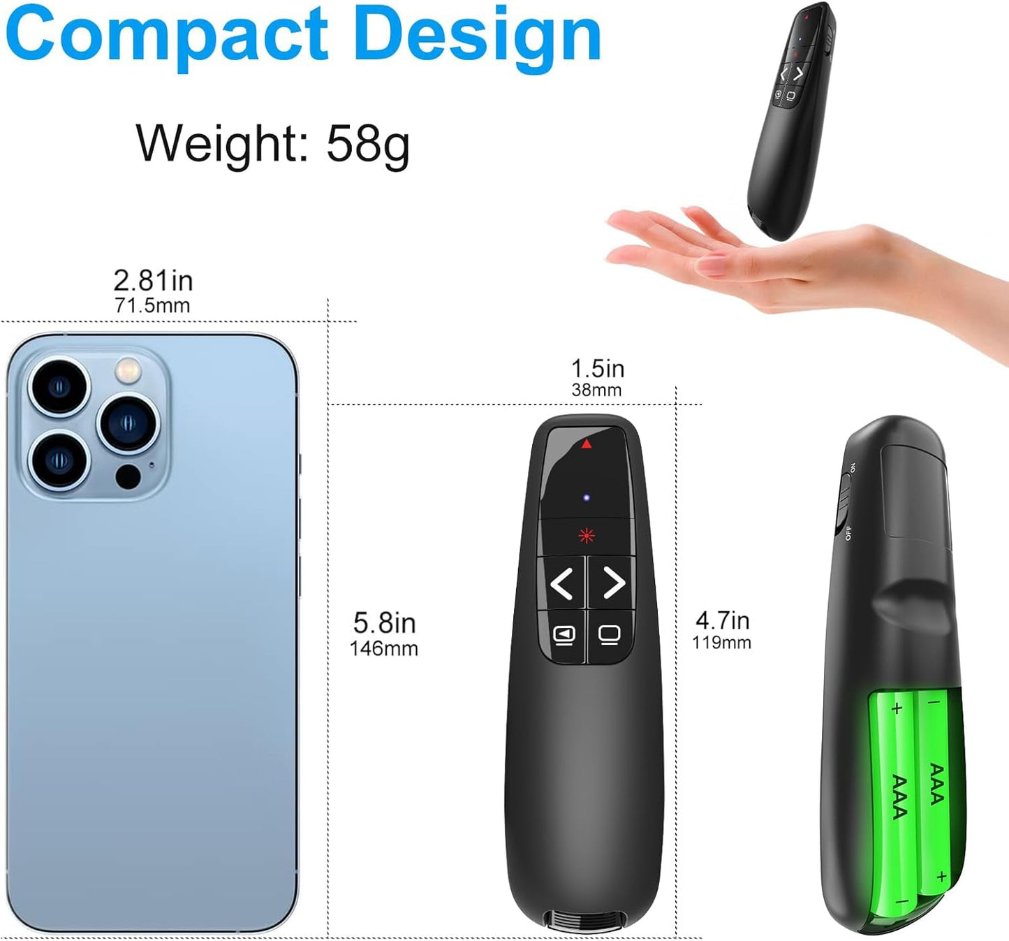 Wireless Presentation Clicker PowerPoint Presenter Remote : USB Type C Clicker with Red Laser Pointer Long Range PPT Control -Power Point Google Slide Advancer for Mac Laptop PC Computer Keynote