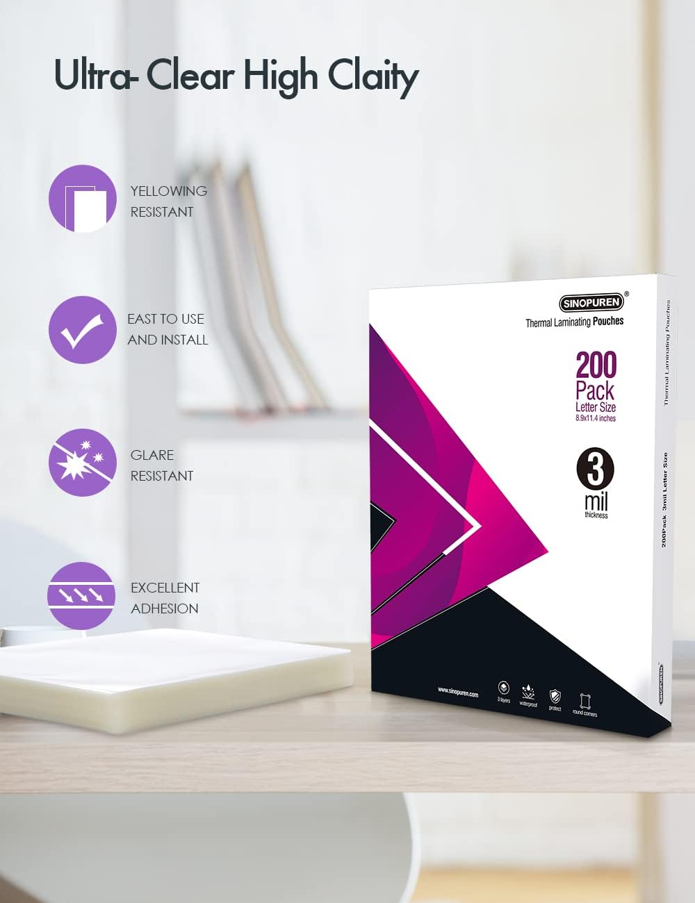 Thermal Laminating Pouches, 3mil Laminating Sheets, 8.9x11.4 Inches, Letter Size, HeatSeal, Clear (200pack)