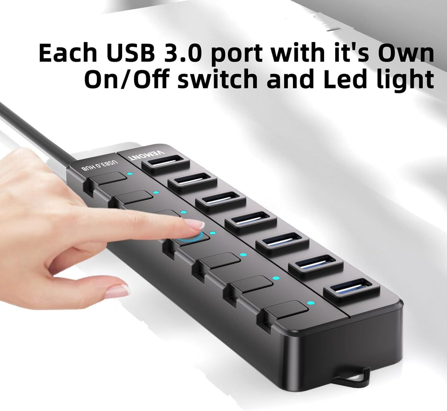 VEMONT 7-Port USB 3.0 Hub (Equipped with a 4-Foot Data Cable, Individual Switch, and Indicator Light, it Supports Data Transfer speeds of up to 5Gbps) Suitable for Desktop Computers and laptops.