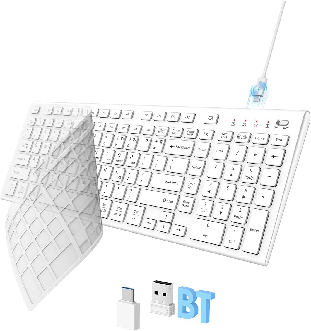 FENIFOX Wireless Keyboard, Bluetooth + USB Ergonomic Silent Quiet Rechargeable with Number Pad Compact Full Size Multi Device Keyboards for iPad Tablet Mac Computer Surface PC MacBook Laptop White