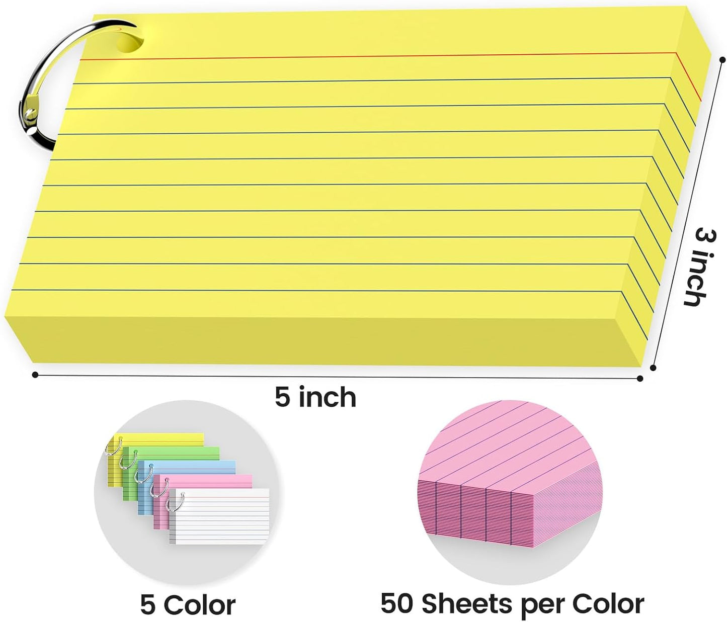 250-Pack Colored Index Cards 3x5 Inch w/Key Ring – 180gsm Heavyweight Flashcards – 5 Vibrant Colors Flash Cards (White Pink Blue Yellow Green) – Perfect for Study & Notes, Students School Supplies