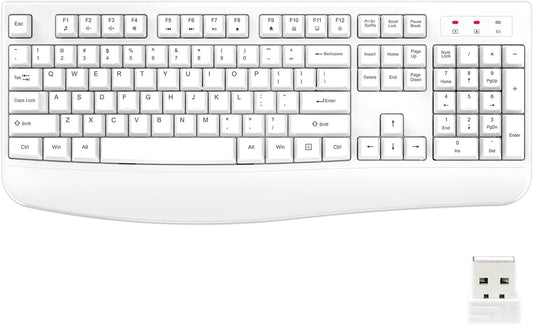 EDJO Wireless Keyboard, 2.4G Ergonomic Full Size Wireless Computer Keyboard with Wrist Rest for Windows, Mac OS Desktop/Laptop/PC（White）