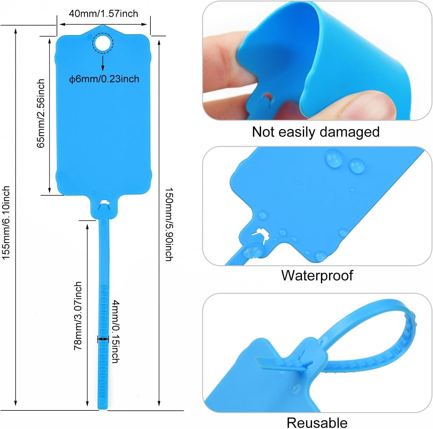 100pcs Blank Plastic Tags for Labeling Reusable Hanging Tags Ties Key Tag Storage Labels Waterproof Plastic Mark Label Writable Hang Sign with One Marker Pen (Blue)