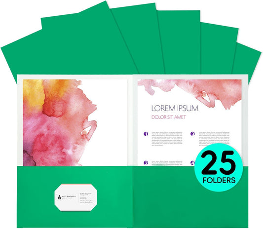 25Pcs Green Folders, Folders with Pockets, 2 Pocket Folders, Folders with Pockets Bulk, Holds 100 Sheets (50 per Pocket), Assorted Colors, Office Or School, pmy015