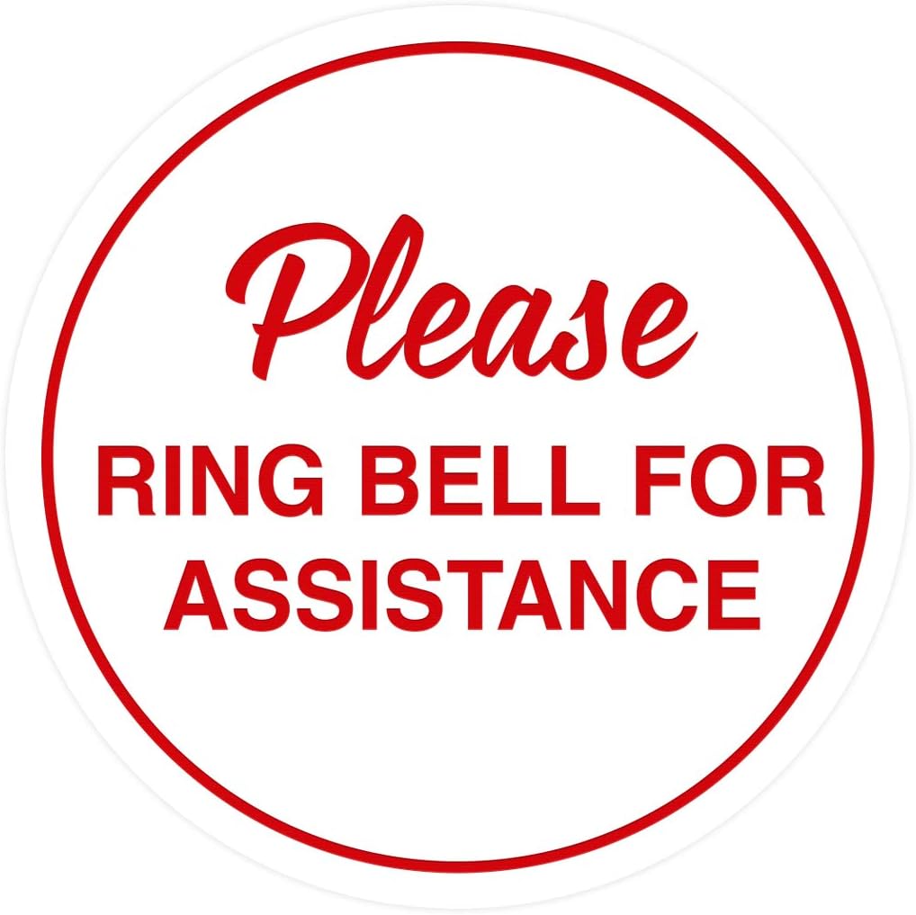 Signs ByLITA Circle Please Ring Bell For Assistance Wall or Door Sign | Easy Installation | Front Desk Reception Sign (White/Red) - Small (1 Pack)