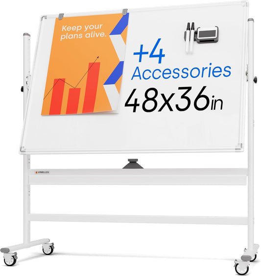 Rolling Dry Erase Board 48 x 36 - Large Portable Magnetic Whiteboard with Stand - Double Sided Easel Style Whiteboard with Wheels - Mobile Standing White Board for Office, Classroom & Home