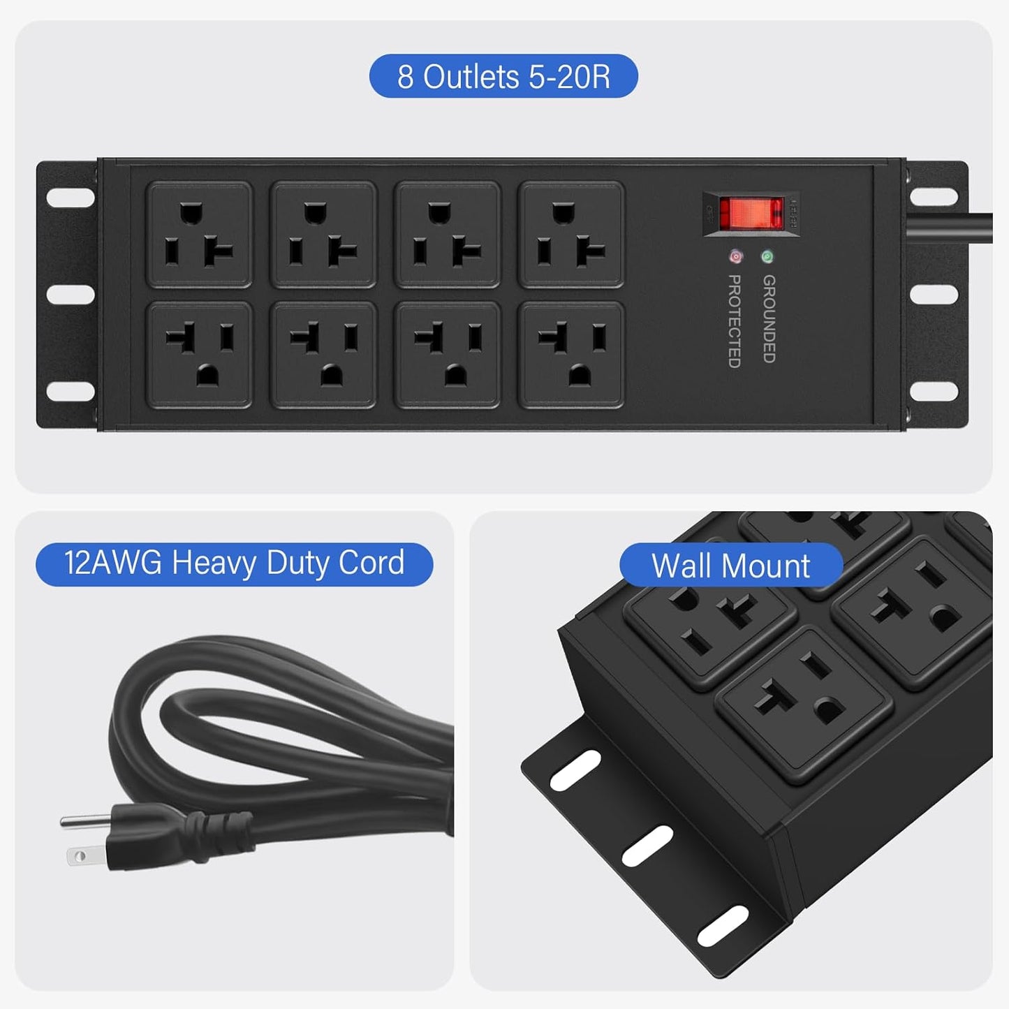 CCCEI 2PCS Heavy Duty Power Strip Surge Protector 20 AMP, 8 Outlets 12 Gauge Shop Garage Metal Multiple Outlets, 4 FT Extension Cord 5-15P Adapter High Amp 6-20R T-Slot 20a for Appliance Black.