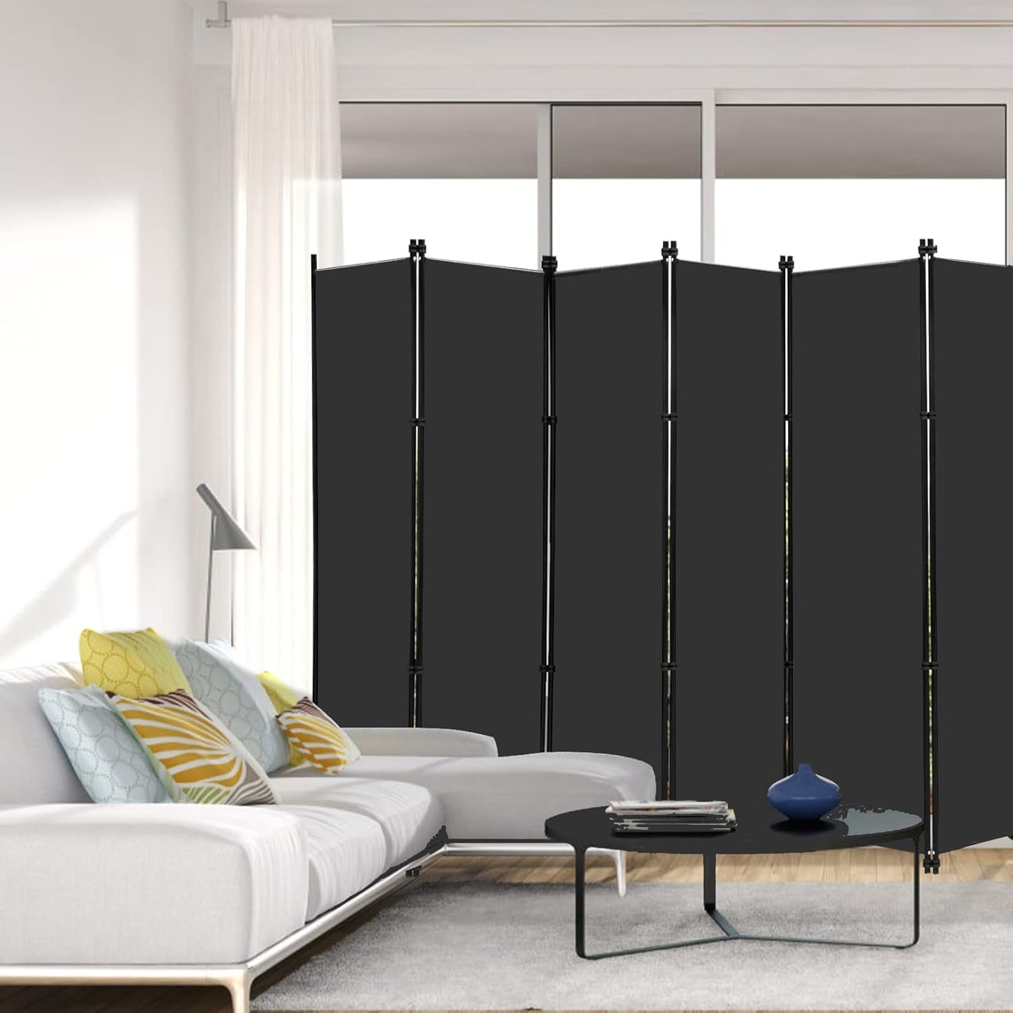 MAYOLIAH 6 Panel Folding Privacy Screen 9ft Wide, 6ft Tall Partition Room Divider Portable Office Walls Dividers, Black