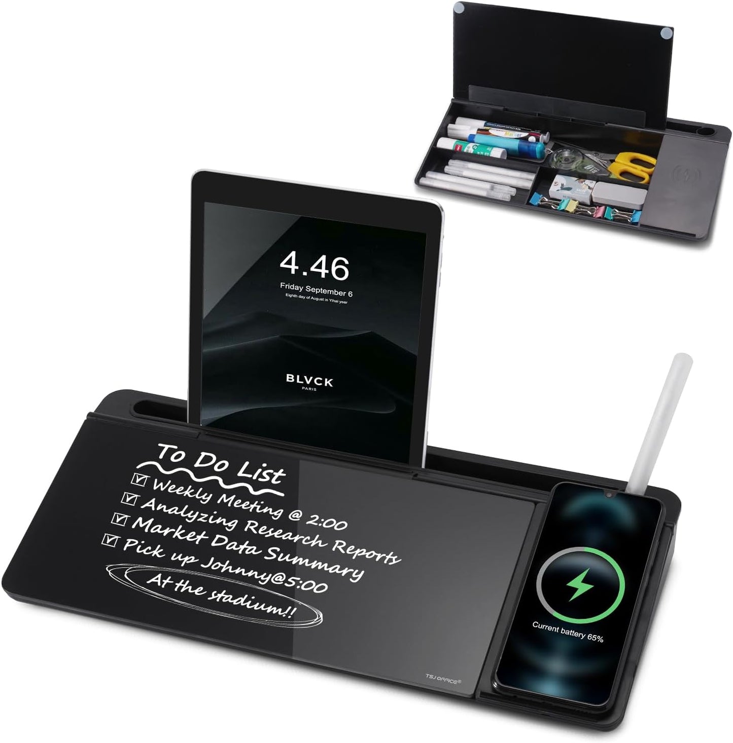 Small Glass Desktop Whiteboard Dry-Erase-Board - Computer Keyboard Stand with Wireless Charger White Board Surface Pad with Drawer, Desk Organizers with Accessories for Office, Home, School Supplies