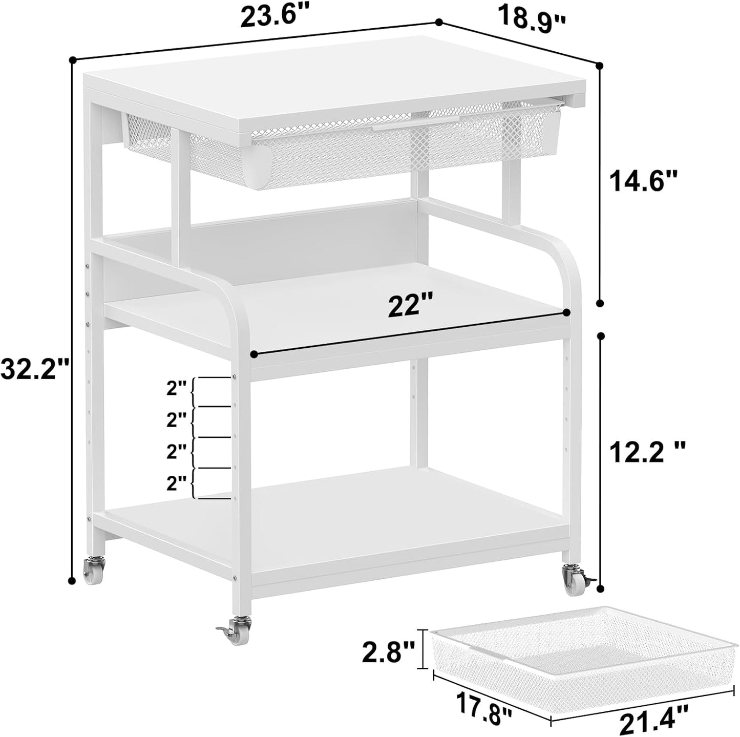 EasyCom 23.6''x18.9'' Extra Large Printer Stand with Drawer, 5-Adjustable Heights 3 Tier Table with Wheels, Rolling Printer Cart with Storage for Printer Scanner Fax Home Office Use