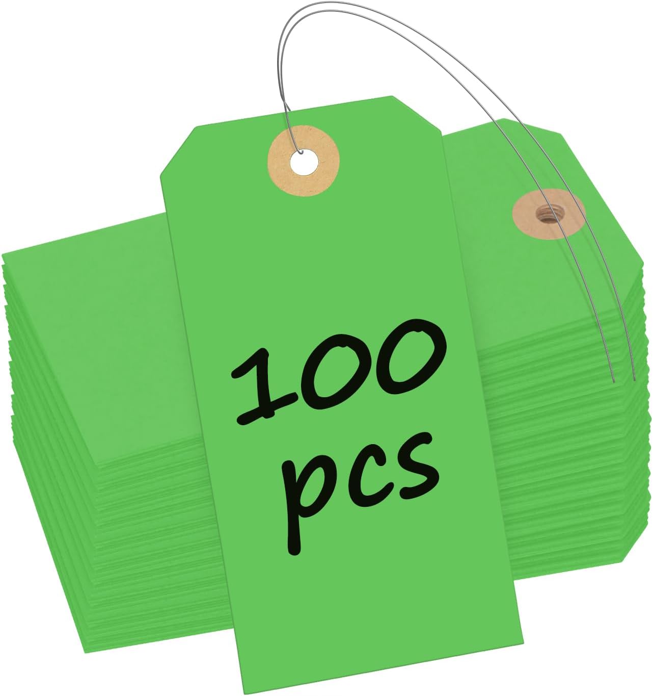 Uniclife 100 Pcs Green Blank Shipping Tags with Wire Attached 4.7 Inch Paper Tags Hang Tag with Reinforced Eyelet Large Marking Label Writable Price Tags Inventory Label Tag, 4.7" x 2.36"