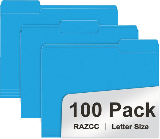 File Folder, RAZCC 100 Pack 1/3 Cut Tab File Folders Letter Size, Blue, Colored Folders with Tab Great for Organizing and Easy File Storage