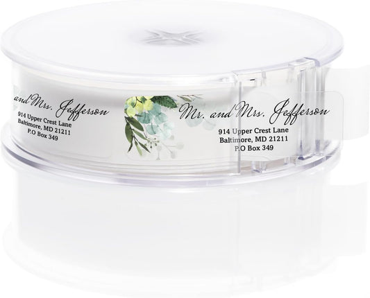 Clear Floral Greenery Rolled Address Labels / 250 Personalized Return Address Labels/Custom Address Stickers in Elegant Plastic Dispenser