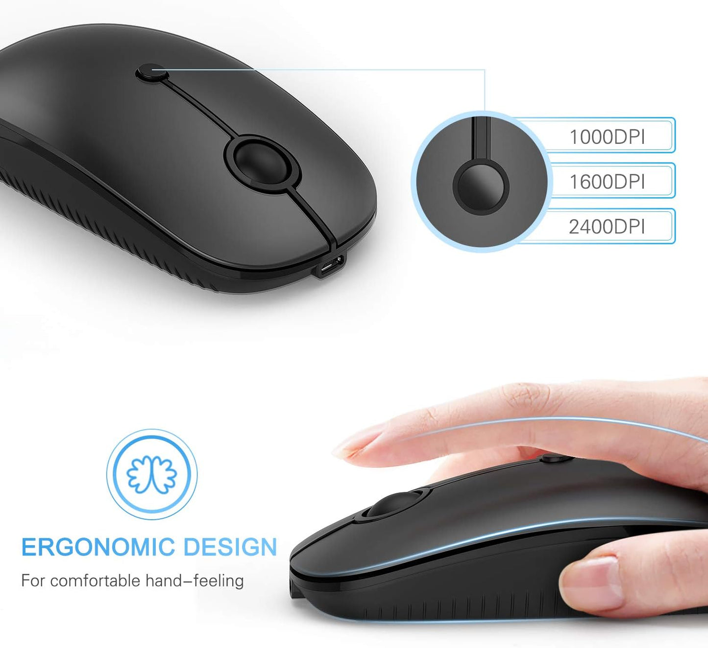 Type C Wireless Mouse，Vssoplor USB C Rechargeable Portable Quiet Mouse USB and Type C Receiver Dual Mode Laptop Mouse for PC, Laptop, MacBook, Tablet-Black