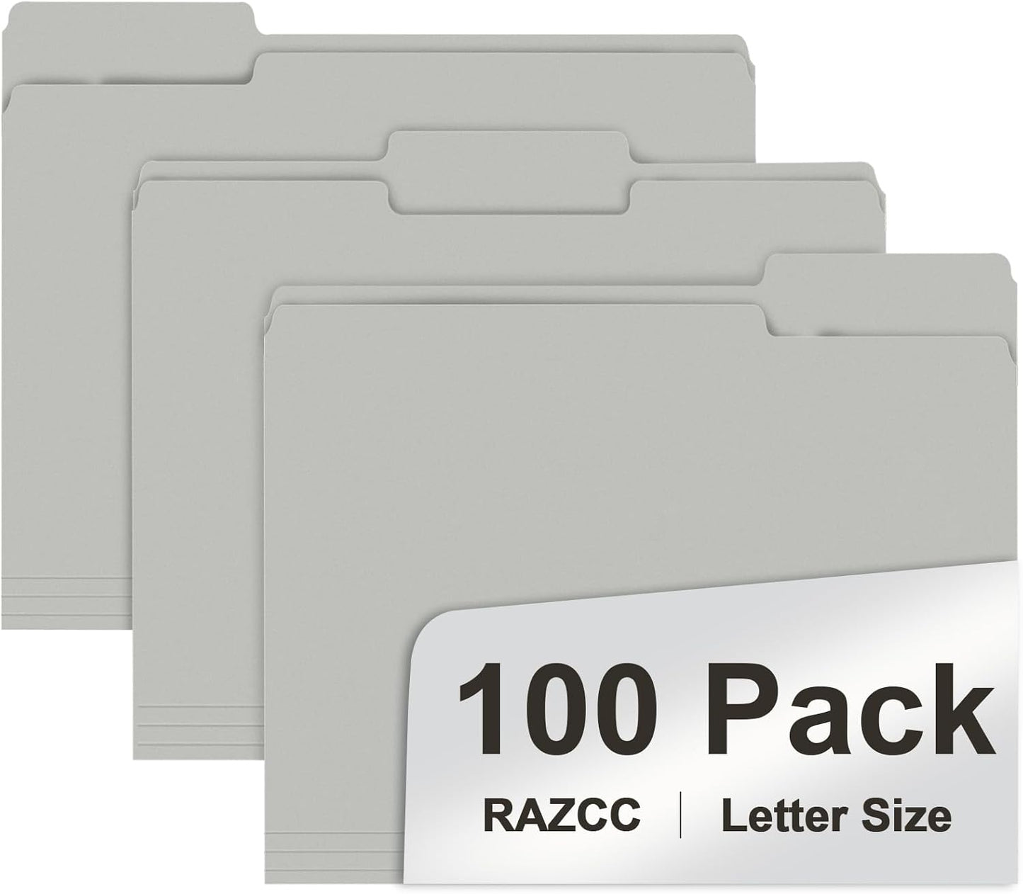 File Folder, RAZCC 100 Pack 1/3 Cut Tab File Folders Letter Size, Grey, Folders with Tab, Great for Organizing and Easy File Storage