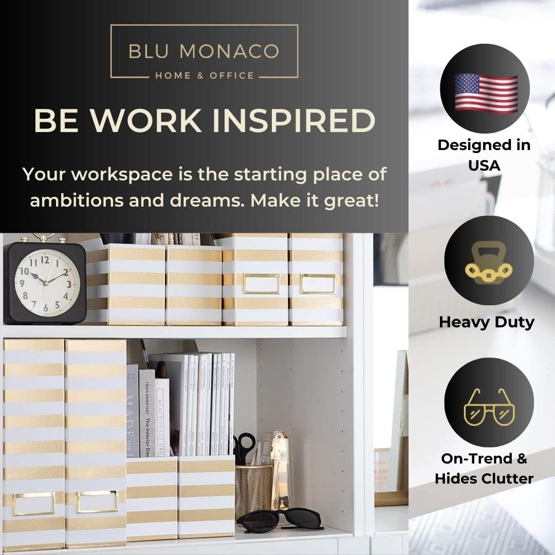 BLU MONACO Set of 4 Gold & White Striped Magazine File Boxes with Gold Label Holders – Stylish File Organizer Box for Desk, Office Supplies, File Folder Holder, and Book Organizer