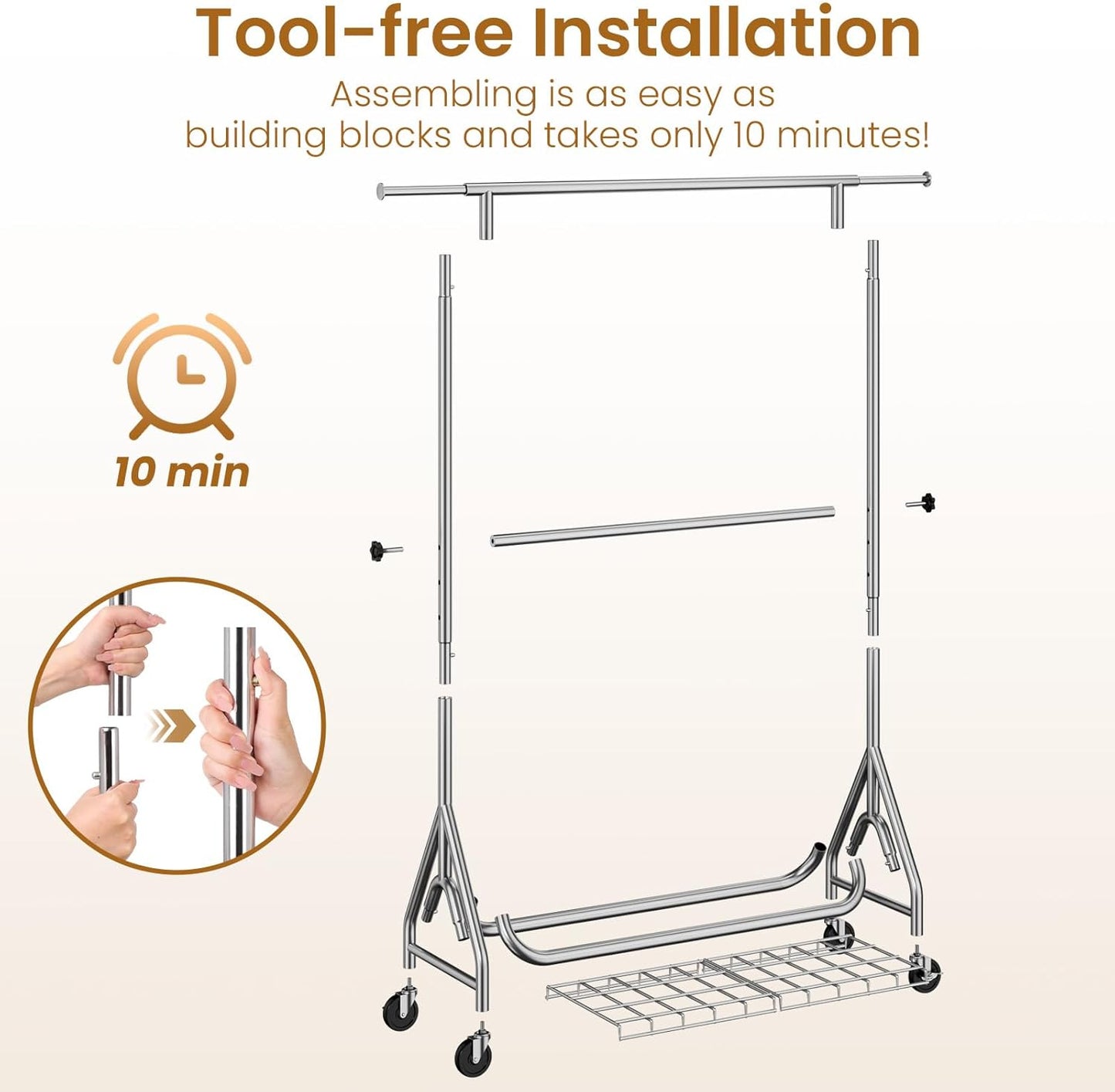 Heavy Duty Clothes Rack for Hanging Clothes, Double Rods Clothing Rack with Lockable Wheels, Rolling Garment Racks with Shelf, Easy to Assemble, Silver