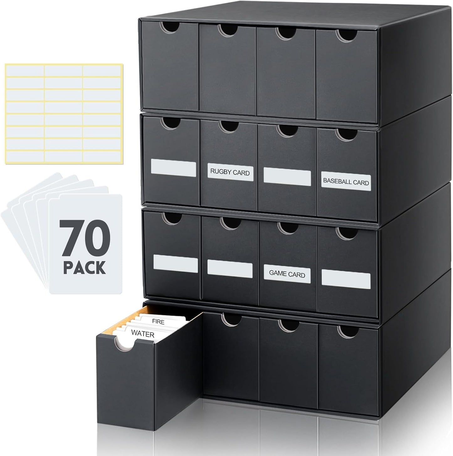 Cholemy Trading Card Storage Box 15000+ with 70 Cardboard Storage Divider, Label Sticker for Collection Compatible with TCG, Sport Cards(4 Row, 4 in A Row,Black)