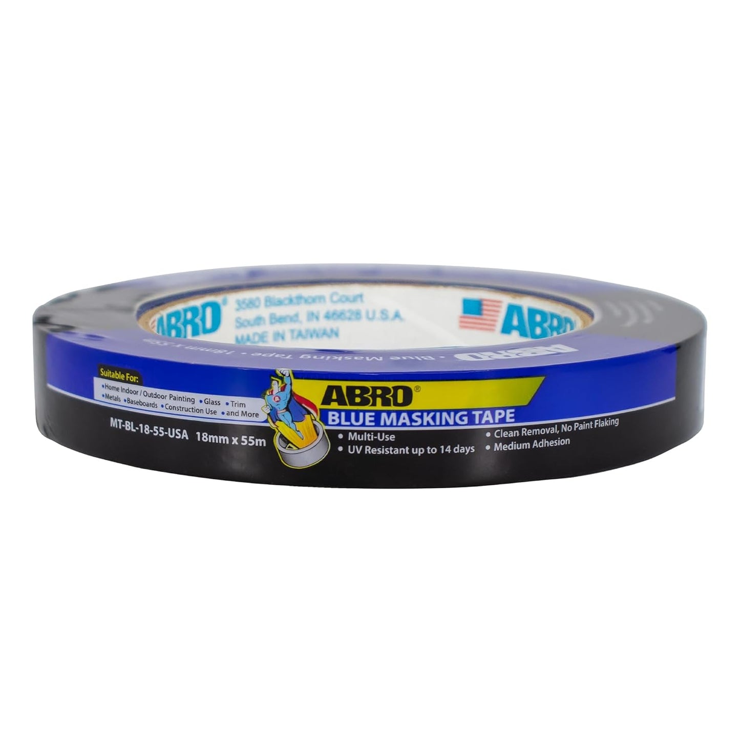 ABRO Blue Painters Tape: 18mm x 55M All Purpose Blue Tape, Temporary Labeling, Easy Tear, Clean Removal, Masking Tape Colored, DIY or Pro Use