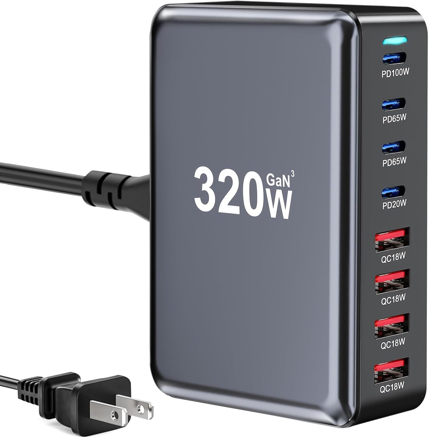 320W USB C Fast Charger Block, 8 Port USB Charging Station, GaN Ⅲ Pro 100W PD PPS Port Fast Charging Station Hub, Laptop Wall Charger Compatible with MacBook/iPhone 16/iPad/Galaxy S23/22 etc