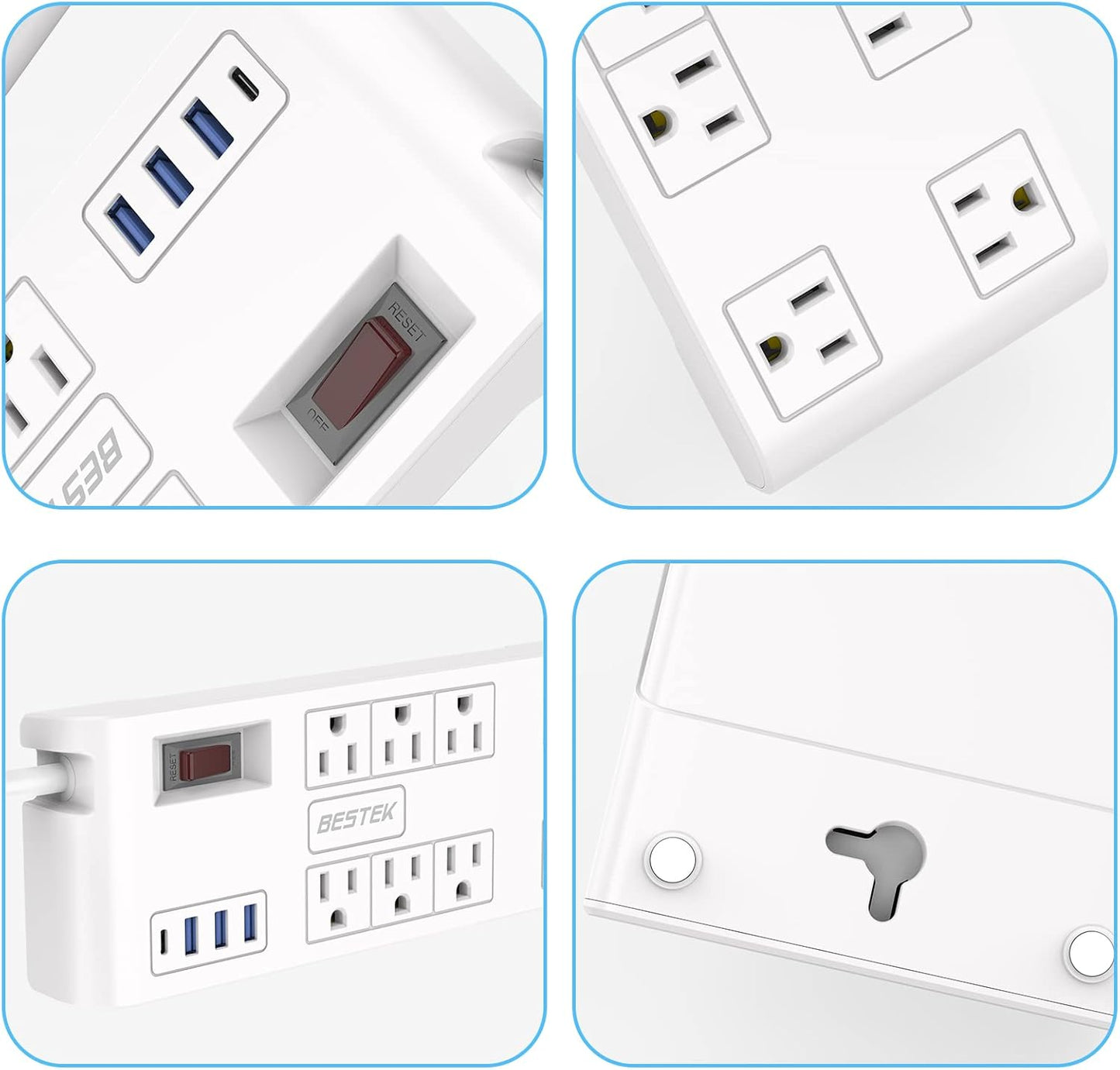BESTEK 8 AC Outlet, 12 Feet Extension Cord Power Strip with 3 USB-A 2.4A 1USB-C 3A, MAX Output 1625W 13A, 600Joule, Ultra-Compact Wide Spaced Outlet for Large Plug