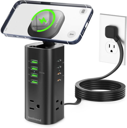 Surge Protector Power Strip Tower, TenTrend 160W Fast Charging Station with 3 AC Outlets & 8 USB Ports (4 USB-C), 5 FT Flat Plug Extension Cord with Multiple Outlets for Home Office