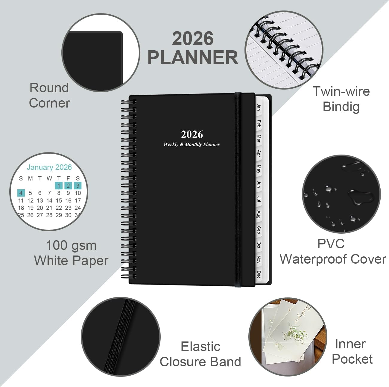 Planner 2026 - A5 Weekly & Monthly Planner Spiral Bound, January 2026 - December 2026, with Flexible Cover, Tabs, Inner Pocket, 6.4" x 8.5", Black