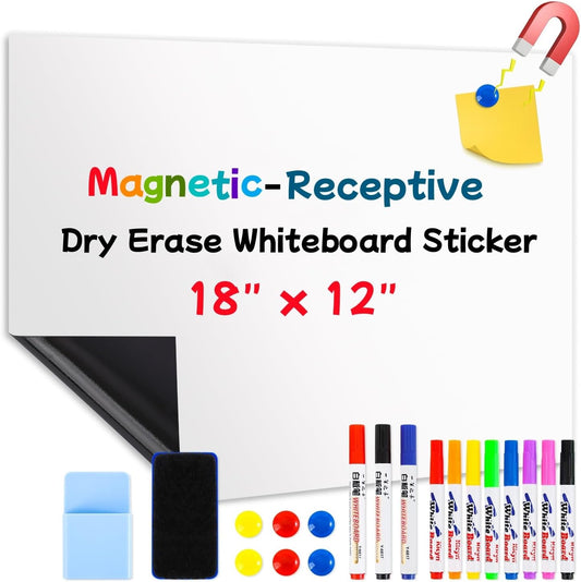 Magnetic Dry Erase Whiteboard 18"x12"- Self-Adhesive Flexible Wall Board Kit with 11 Markers, 6 Magnets, Magnetic Eraser & Holder - Ultra Smooth Writing,Effortless Clean for Office, Home, School