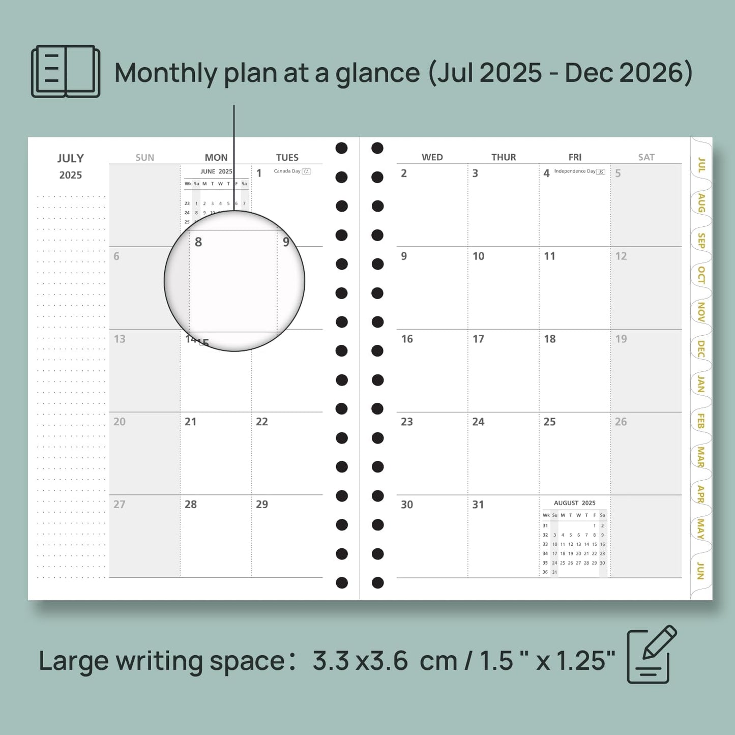 POPRUN Monthly Planner 2025-2026 Spiral Hardcover (6.25'' x 8.5''), 18 Months Calendar (Jul.2025 - Dec.2026)- 2 Pages per Month with Dotted Note Pages, Sunday Start, Laminated Tab - Navy Blue