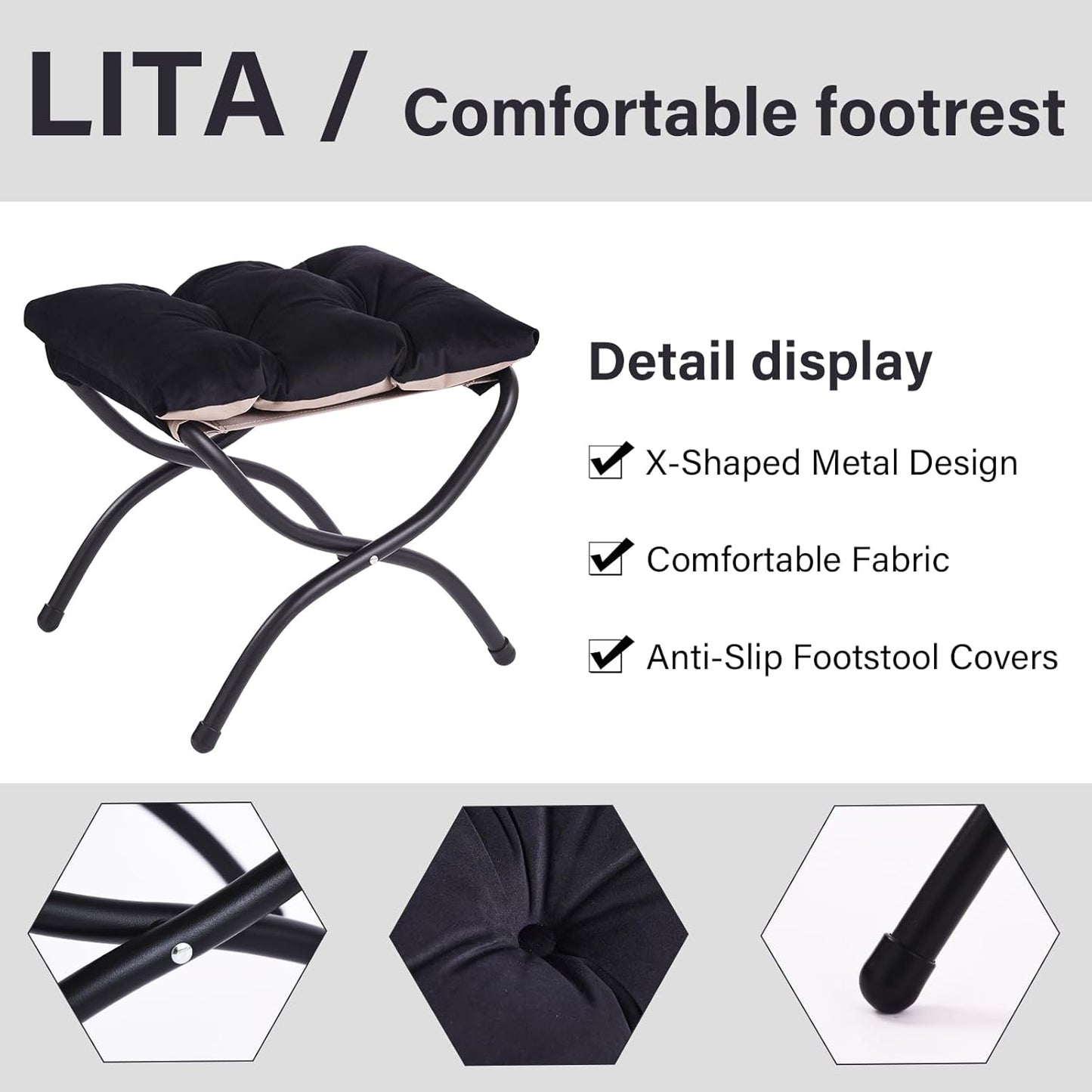 LITA Folding Upholstered Footrest Stool, Modern Small Portable Accent Ottoman with Detachable Thick Cotton Cushion Padded Sofa Stool with Metal Frame for Lazy Chair, Living Room & Bedroom, Black
