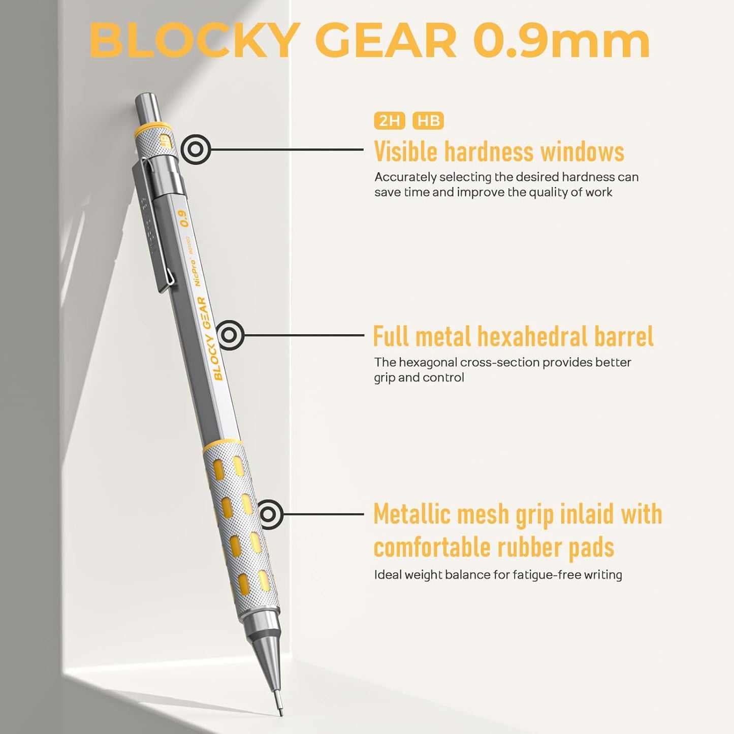 Nicpro Blocky Gear 0.9 mm Mechanical Pencils Set in Case, 3 Pack Metal Pencil 8 Tube with Lead Refills 0.9mm (HB 2B), 3 Erasers for Professional & Adult Art Writing Drafting Drawing